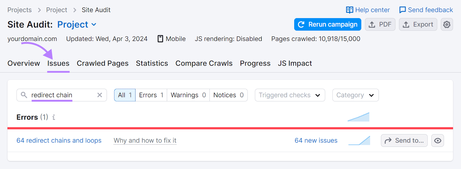searching for "redirect chain" in the Issues tab of Site Audit tool
